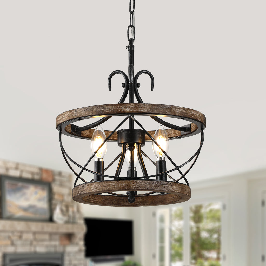 3 - Lights Farmhouse Drum Chandelier, 13" Wooden Chandelier for Dining Room with Height Adjustable