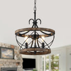 3 - Lights Farmhouse Drum Chandelier, 13" Wooden Chandelier for Dining Room with Height Adjustable