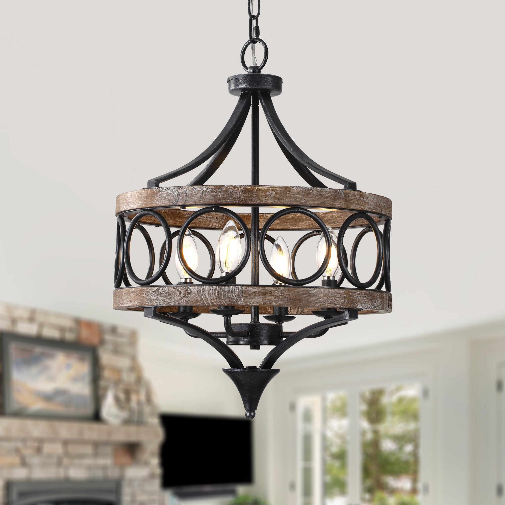 4 - Light Farmhouse Sol Wood Chandelier, 16" Rustic Geometric Chandelier Wood Cage Lantern Pendant Lights
