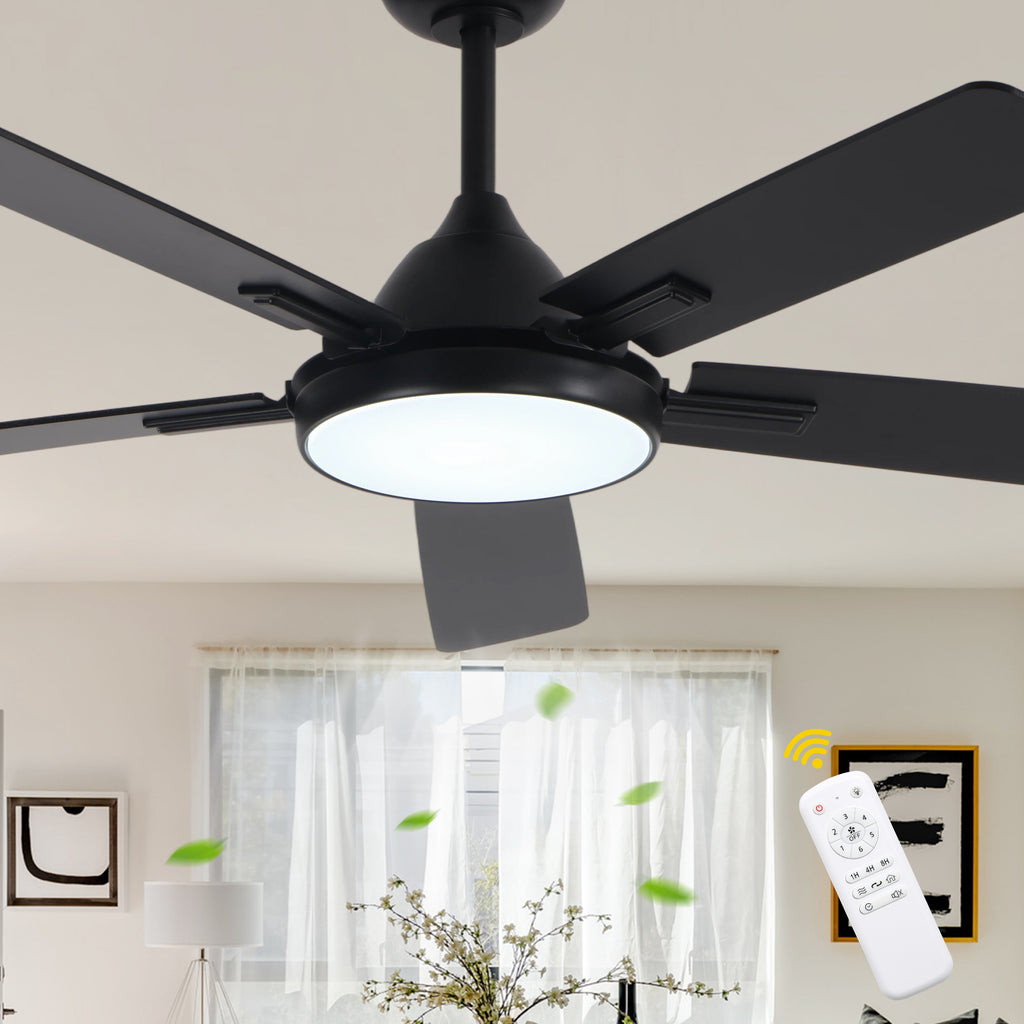 52 Inch Black Modern Ceiling Fan with LED Light, 6-Speed Reversible DC Motor, 5 Dual-Finish Wood Blades, Remote Control, Adjustable Height