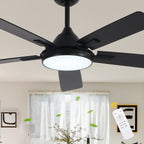 52 Inch Black Modern Ceiling Fan with LED Light, 6-Speed Reversible DC Motor, 5 Dual-Finish Wood Blades, Remote Control, Adjustable Height