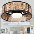 Bohemian 20 Inch Flush Mount Ceiling Fan with Light Caged Bamboo and Paper Rope Woven Shade Ceiling Fan with Ligth Dimmable LED and Reversible DC Motor Ceiling Fan Suit for Bedroom, Kitchen