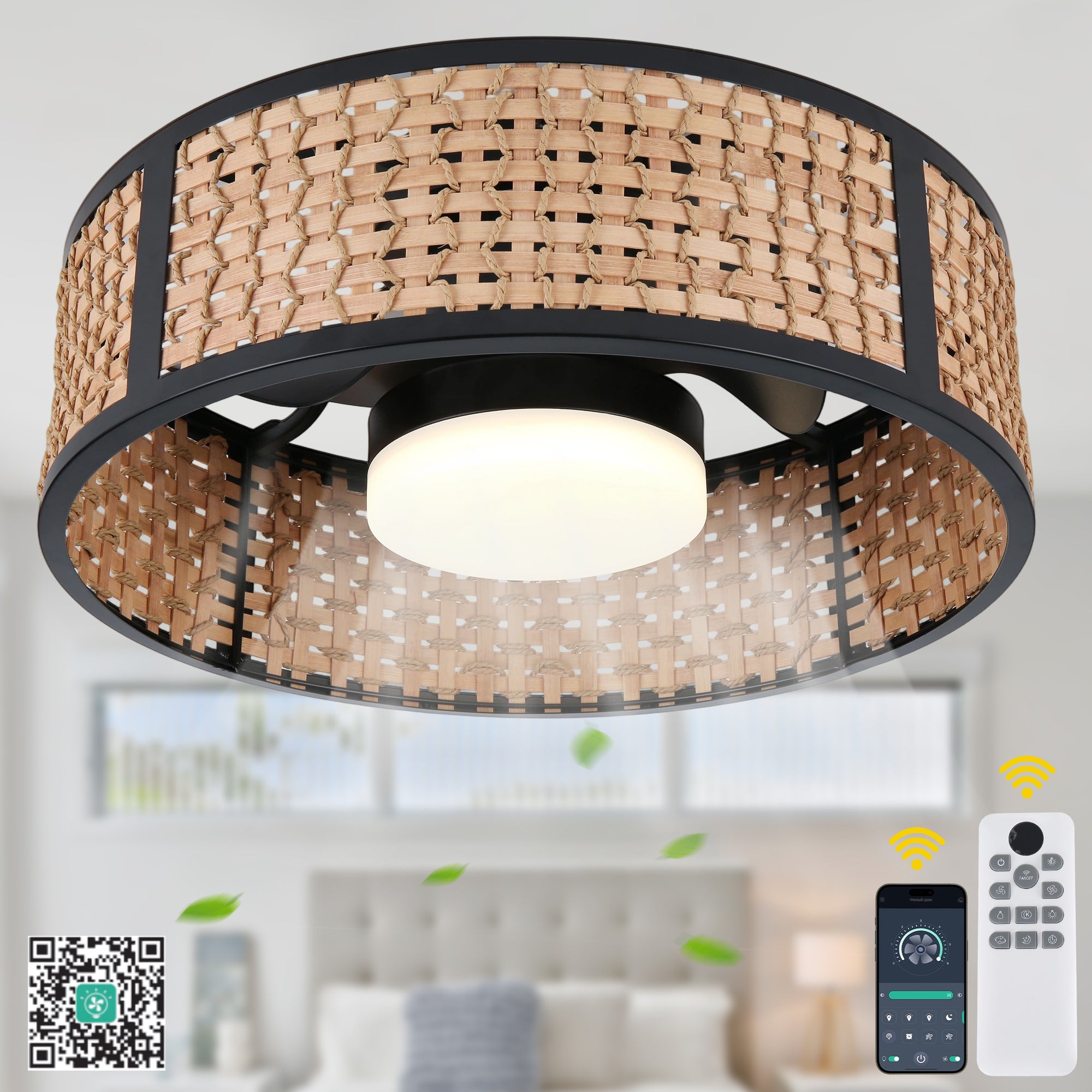 Bohemian 20 Inch Flush Mount Ceiling Fan with Light Caged Bamboo and Paper Rope Woven Shade Ceiling Fan with Ligth Dimmable LED and Reversible DC Motor Ceiling Fan Suit for Bedroom, Kitchen