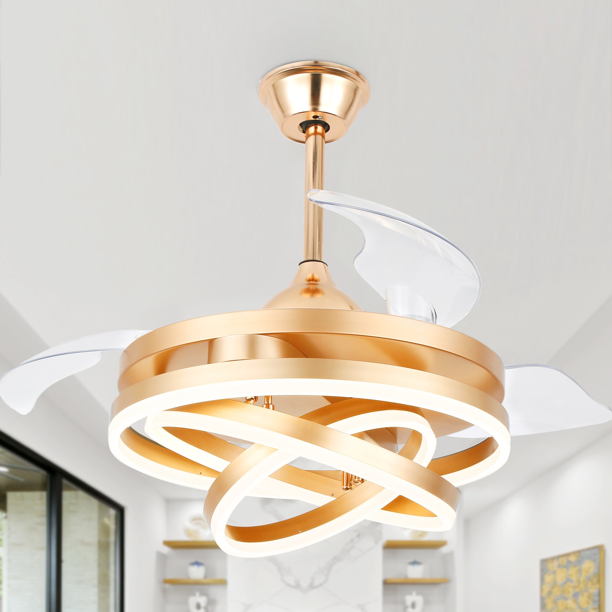 42 Inch Modern Smart Retractable Ceiling Fan with LED Light and Remote, 6 Speeds DC Motor Bladeless Ceiling Fan with DIY Shade