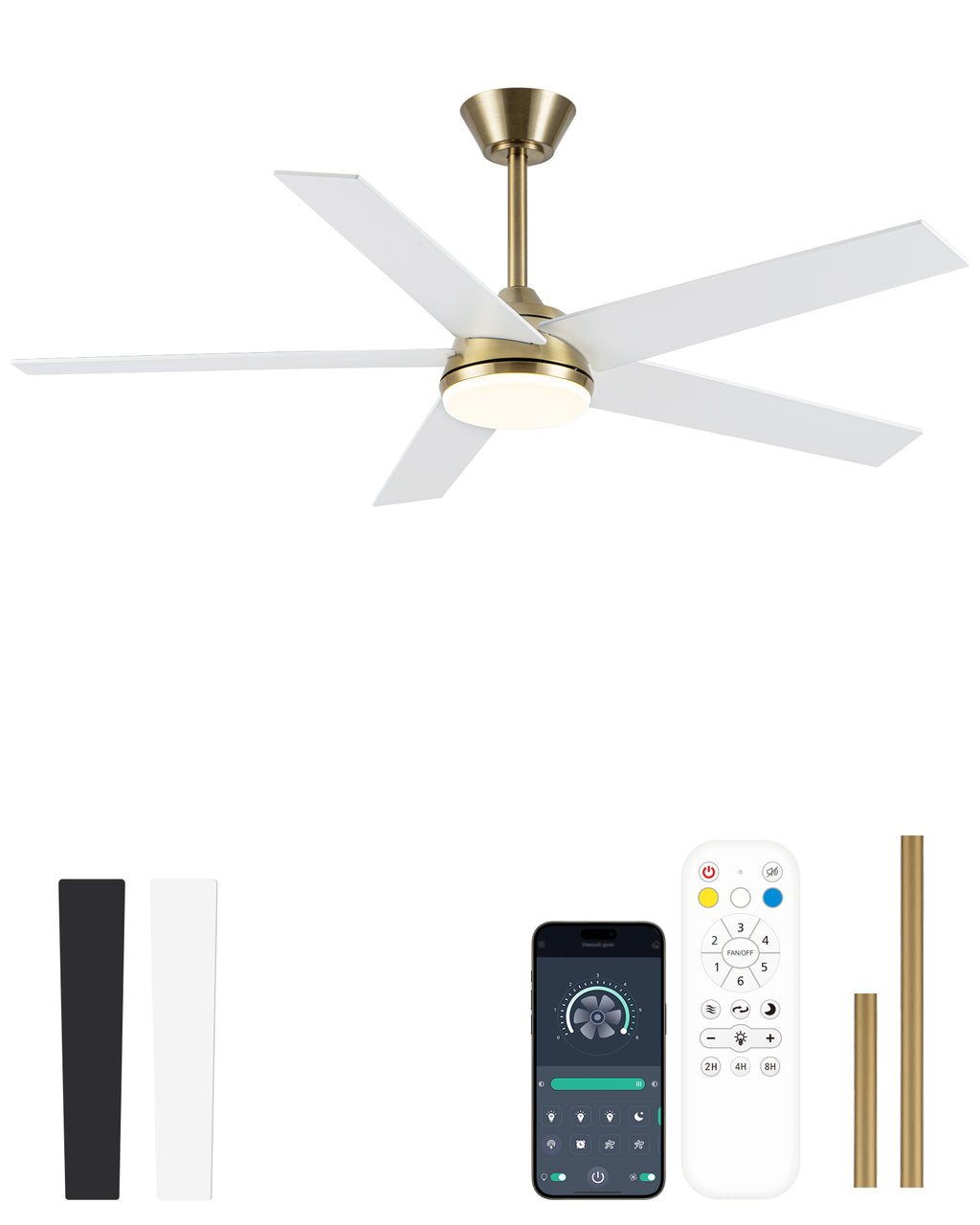52 Inch Modern Smart Gold Ceiling Fan with Dimmable LED Light and Remote & APP Control, 6-Speed DC Motor Reversible Ceiling Fan