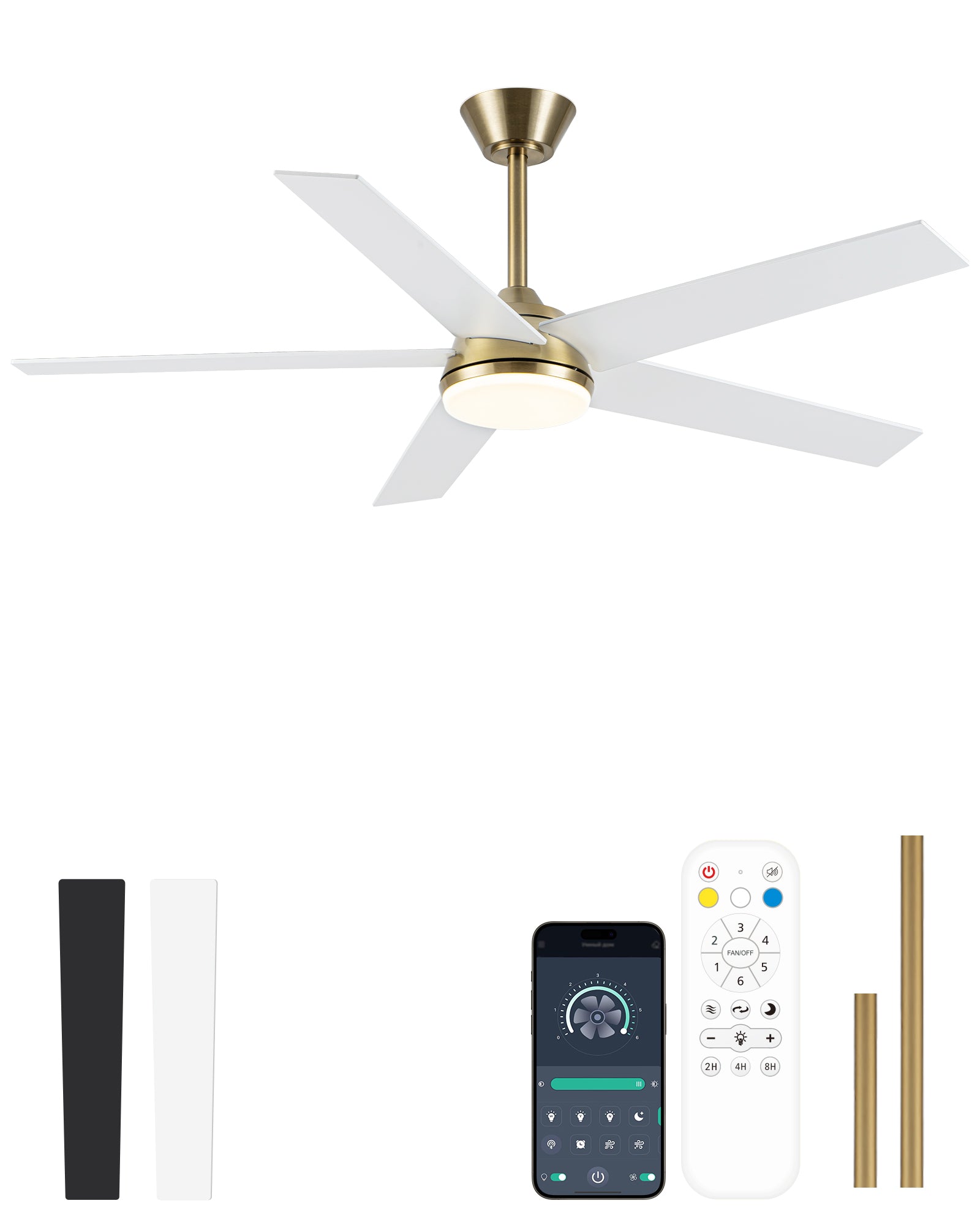 52 Inch Modern Smart Gold Ceiling Fan with Dimmable LED Light and Remote & APP Control, 6-Speed DC Motor Reversible Ceiling Fan