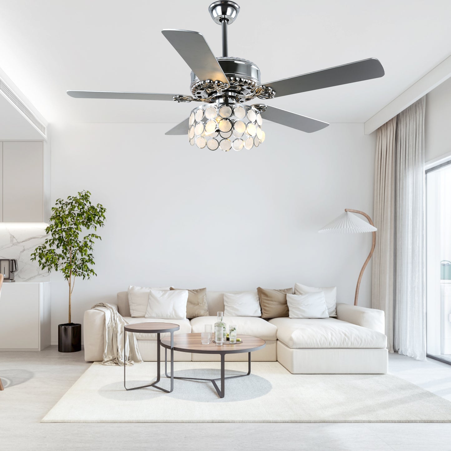 DC5216-52" 5 Wooden Blades Chrome Finish Modern Reversible Ceiling Fan with Remote and Light, 6-speed Large Size Ceiling Fan