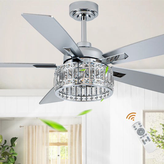 BellaDepot 52" Luxury Crystal Caged Chrome Ceiling Fan with Remote Control, 6 Speeds Ceiling Fan with Lights for Living Room- DC5227-MD