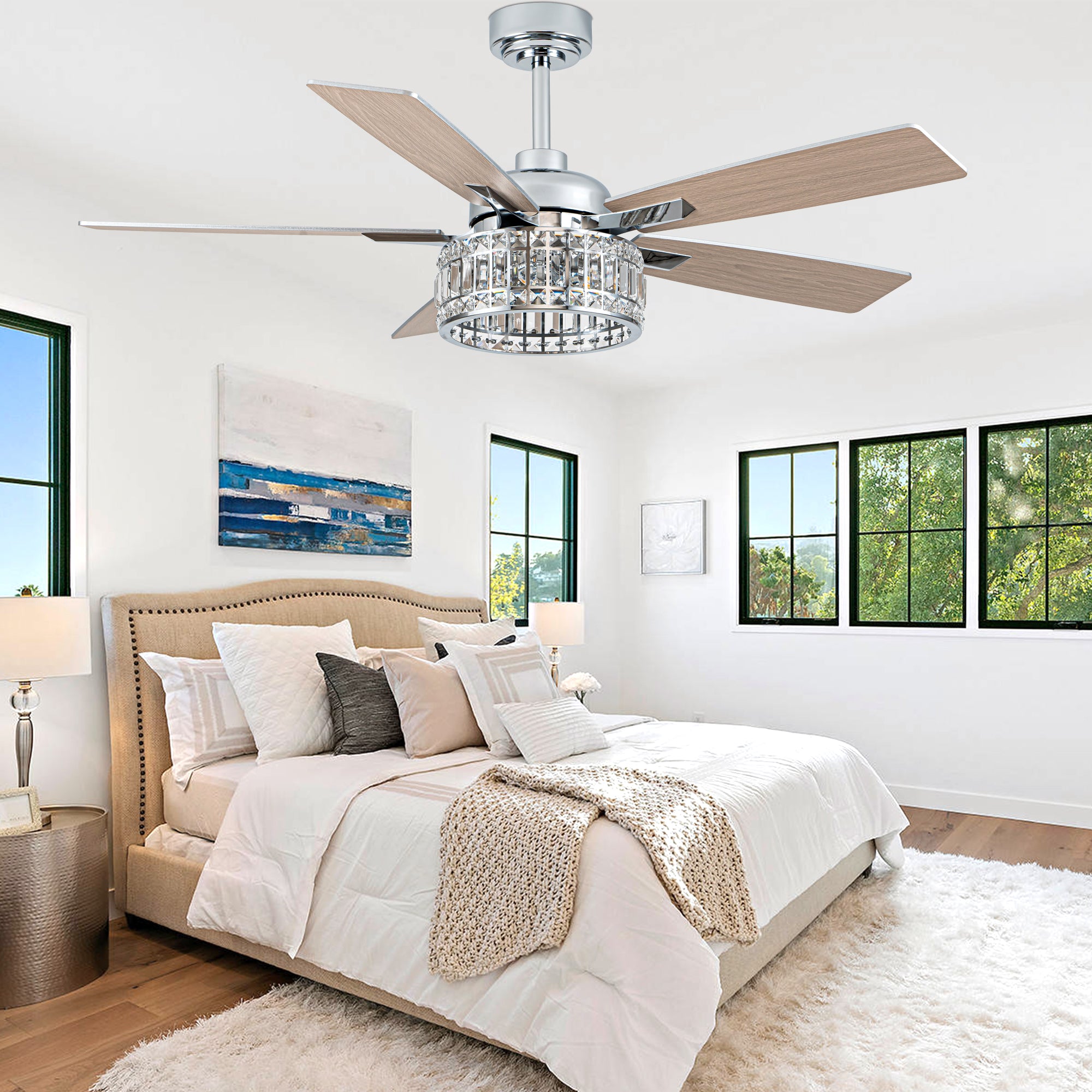 52 Inch Luxury Crystal Caged Chrome Ceiling Fan with Remote, 6-Speed Adjustable, Light Included, Reversible Blades for Living Room & More