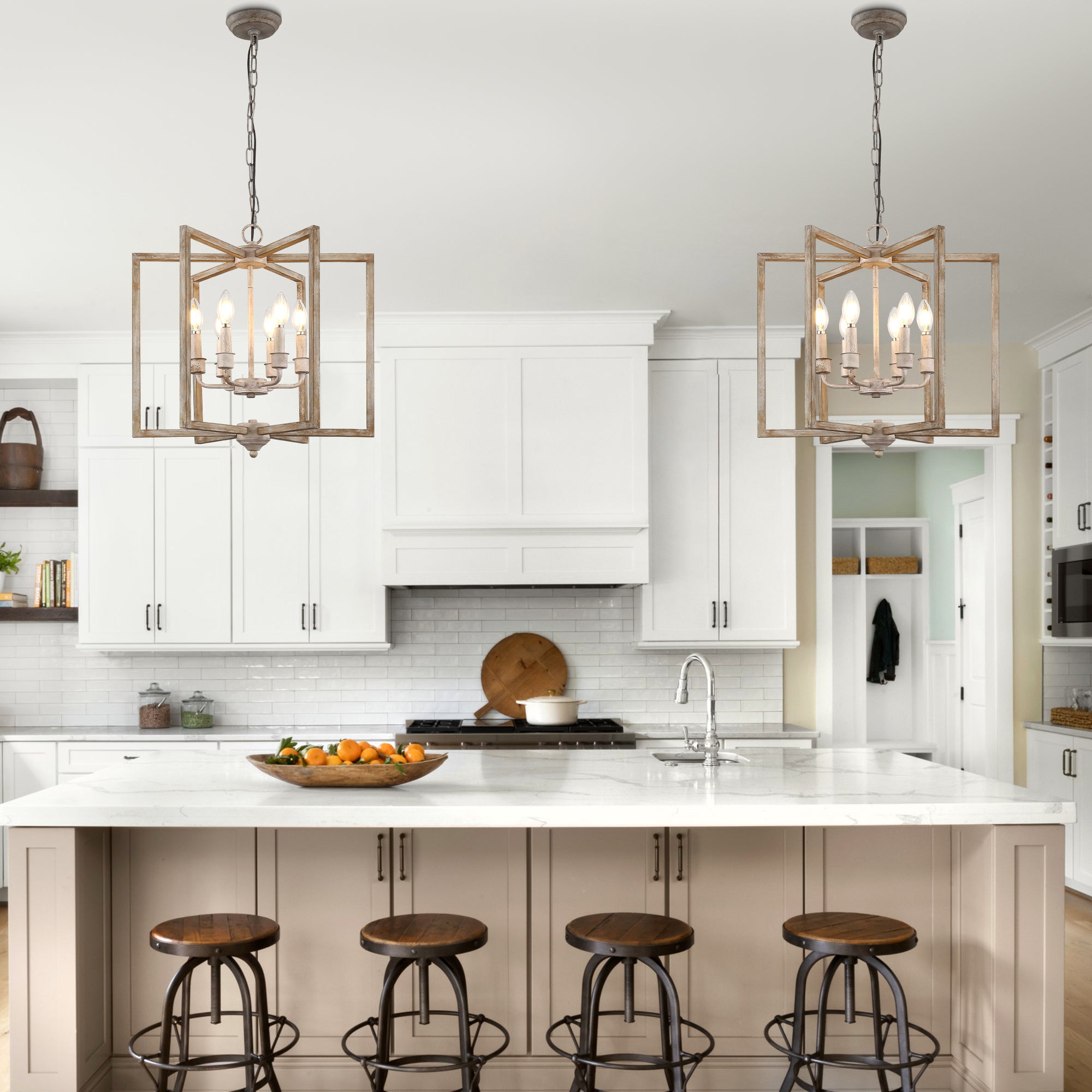 FC4115-BellaDepot 6 Lights Geometric Wood Chandelier, Height Adjustable Home Decoration Pendant Light