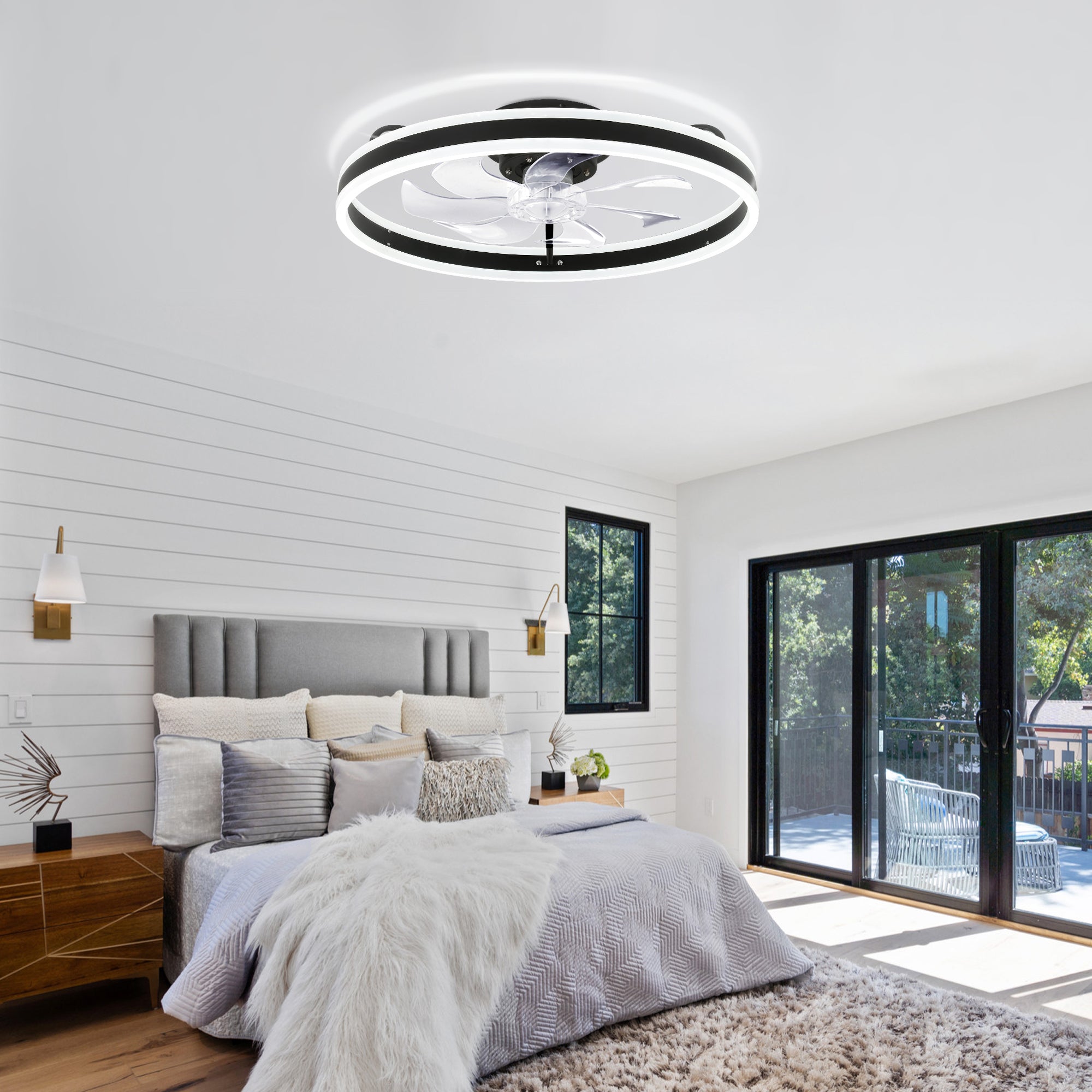 DC2002-BellaDepot 19.6" Black/Gold/Brown/White Finish Modern Style Reversible Ceiling Fan with Dimmable LED Light Kit Included and Remote