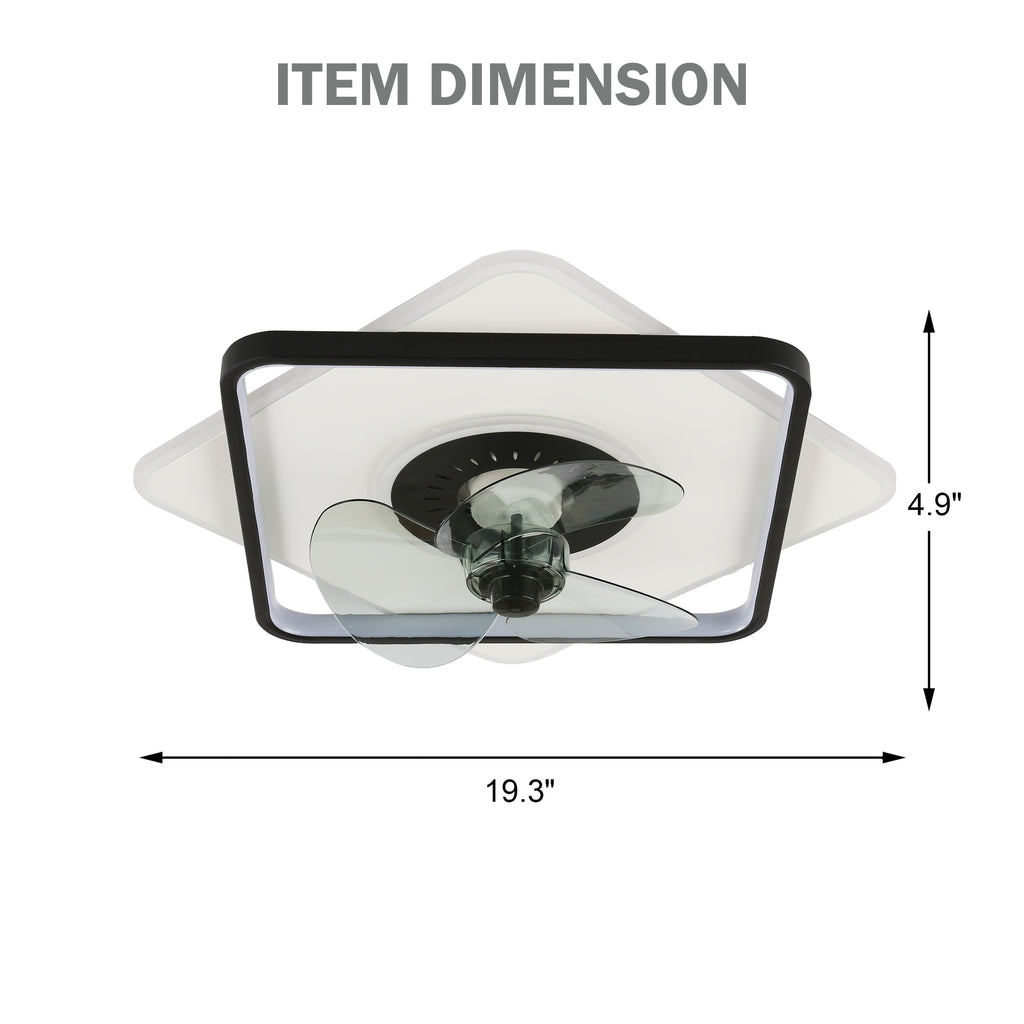 19 Inch Square Modern Smart Low Profile Ceiling Fan with LED Light, 6 Speeds DC Motor Flush Mount Ceiling Fan for Bedroom