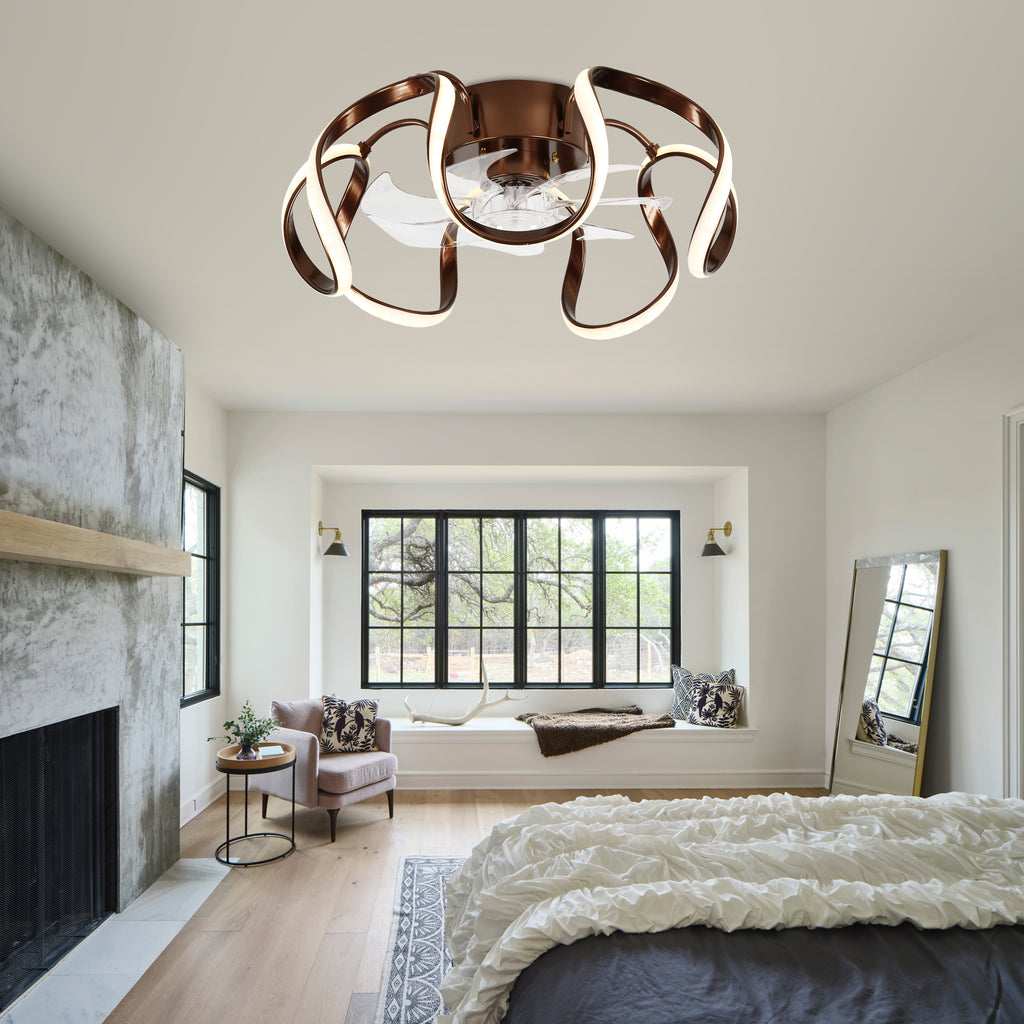 20 Inch Gold/Brown Irregular Flush Mount Ceiling Fan with LED Light and Remote, 6 Speeds DC Motor Reversible Bladeless Ceiling Fan