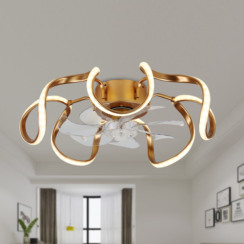 20 Inch Gold/Brown Irregular Flush Mount Ceiling Fan with LED Light and Remote, 6 Speeds DC Motor Reversible Bladeless Ceiling Fan