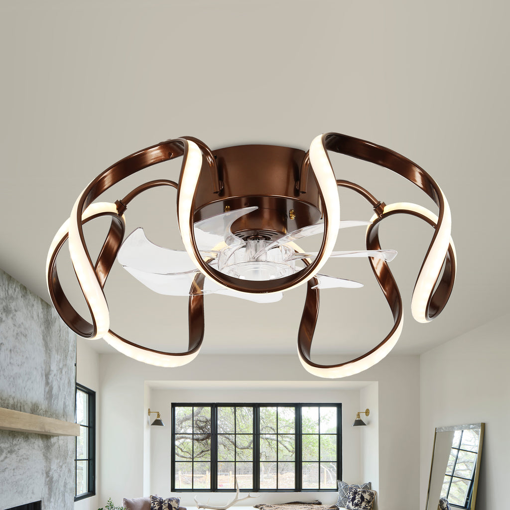 20 Inch Gold/Brown Irregular Flush Mount Ceiling Fan with LED Light and Remote, 6 Speeds DC Motor Reversible Bladeless Ceiling Fan