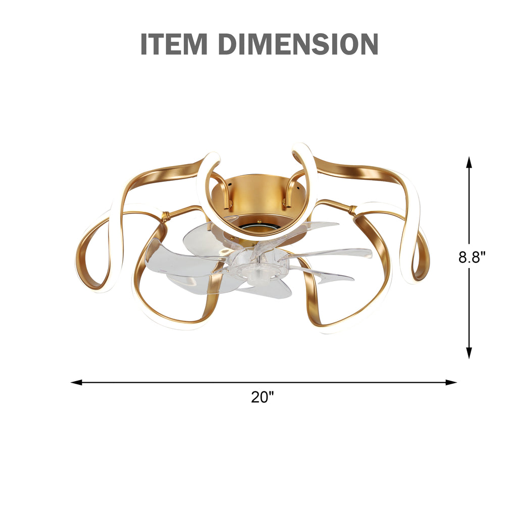 20 Inch Gold/Brown Irregular Flush Mount Ceiling Fan with LED Light and Remote, 6 Speeds DC Motor Reversible Bladeless Ceiling Fan