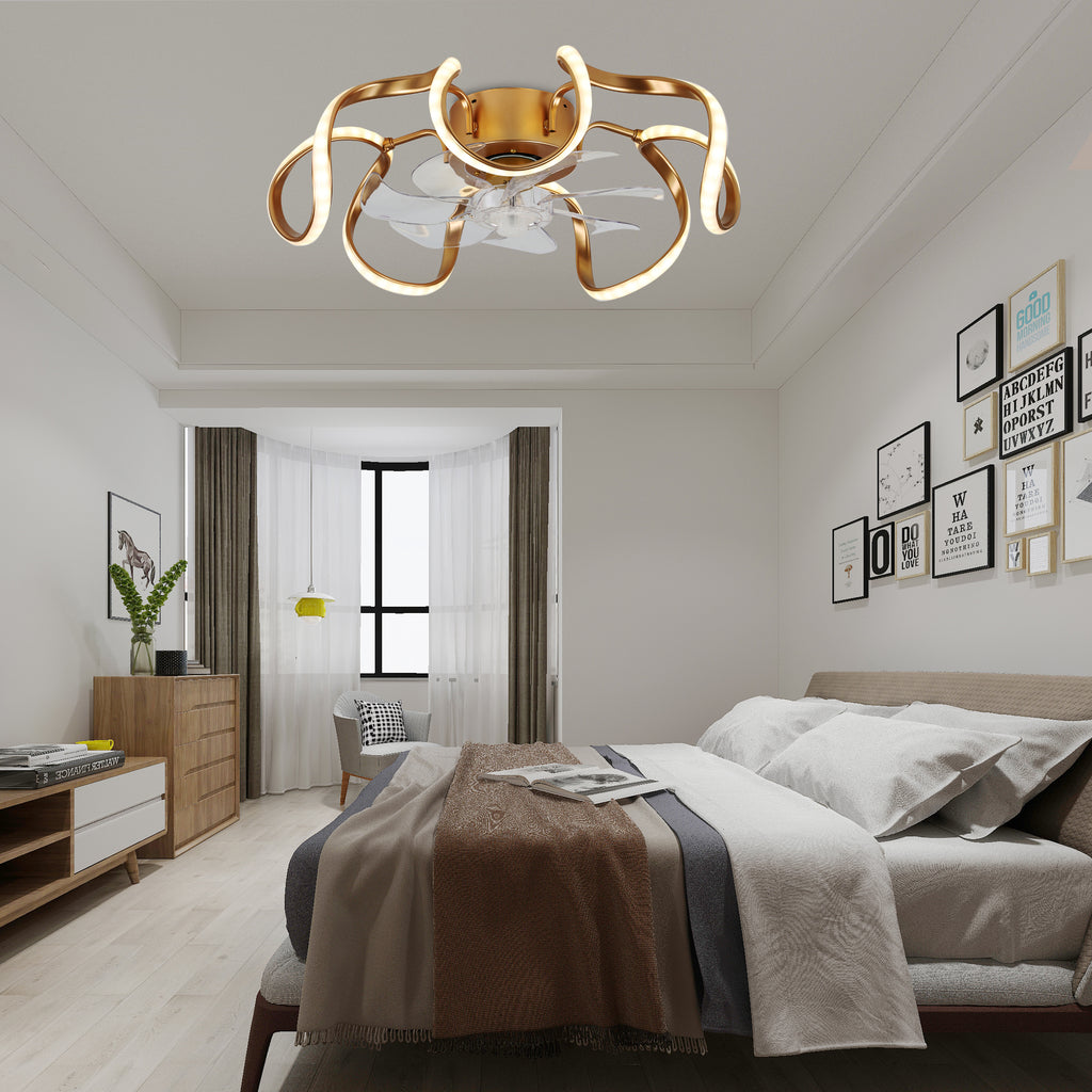 20 Inch Gold/Brown Irregular Flush Mount Ceiling Fan with LED Light and Remote, 6 Speeds DC Motor Reversible Bladeless Ceiling Fan