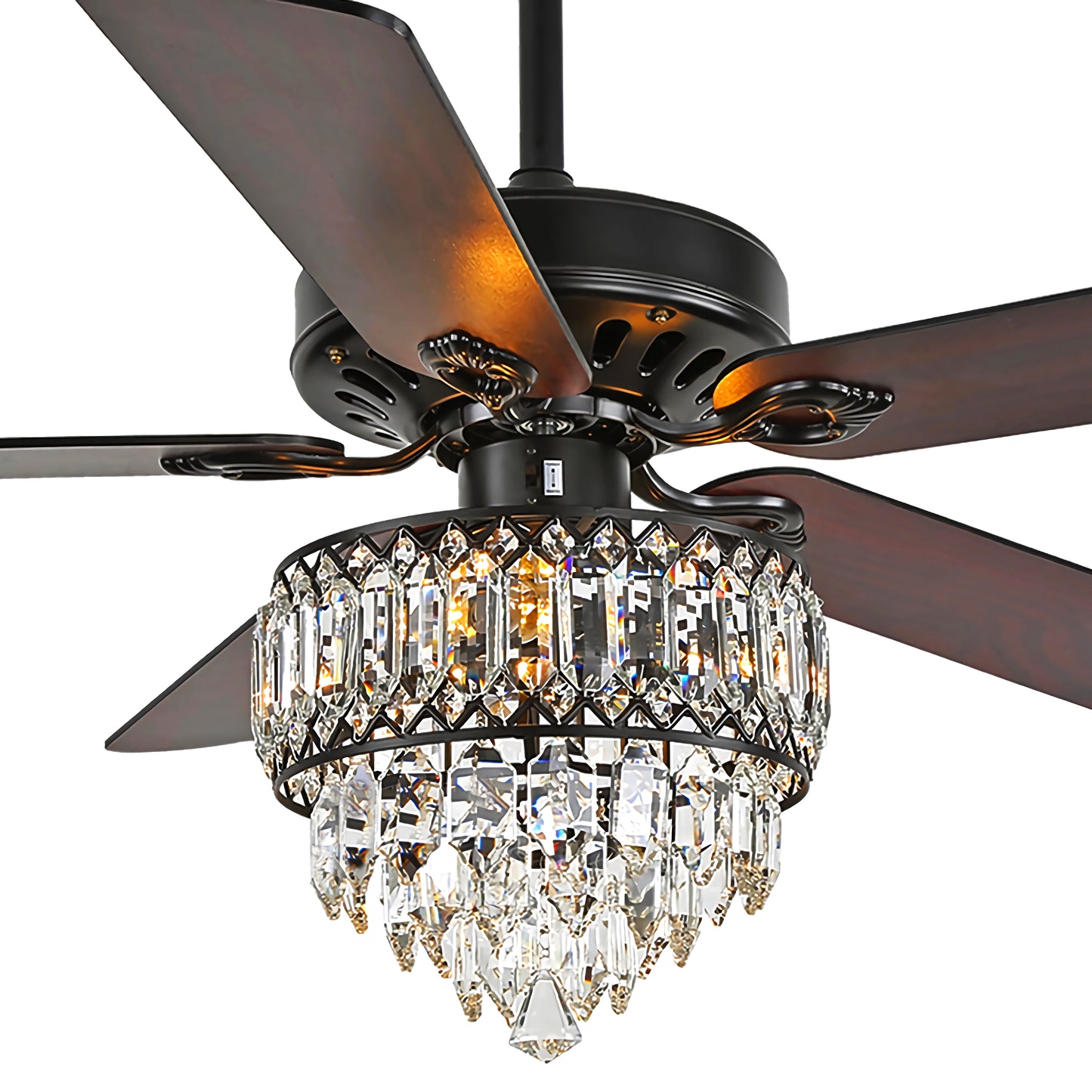 BD2044-52" Popular Large Size Dazzling Luxury Crystal Reversible Wooden Ceiling Fan with Remote and Lights 5 Blades