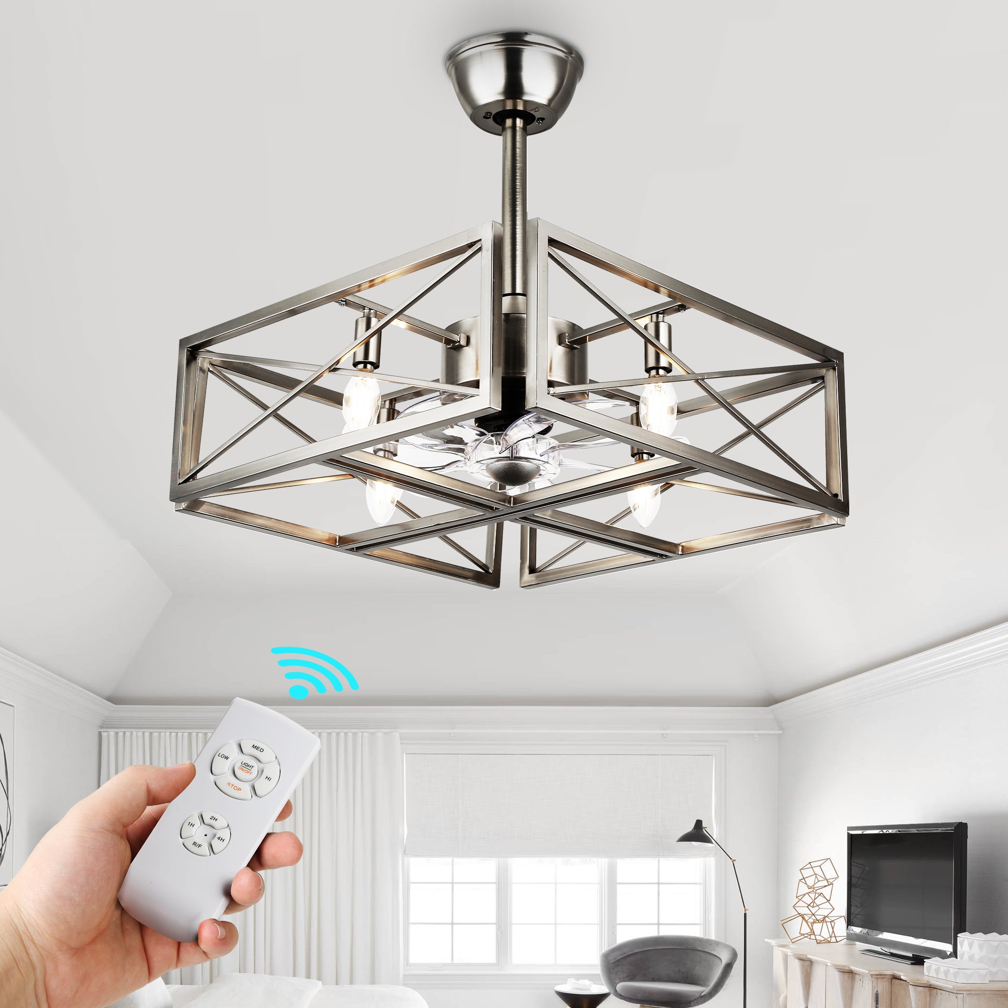 20 Inch Nickel Industrial Ceiling Fan with Remote Control, 3-Speed Reversible Bladeless Fandelier Ceiling Fan for Bedroom
