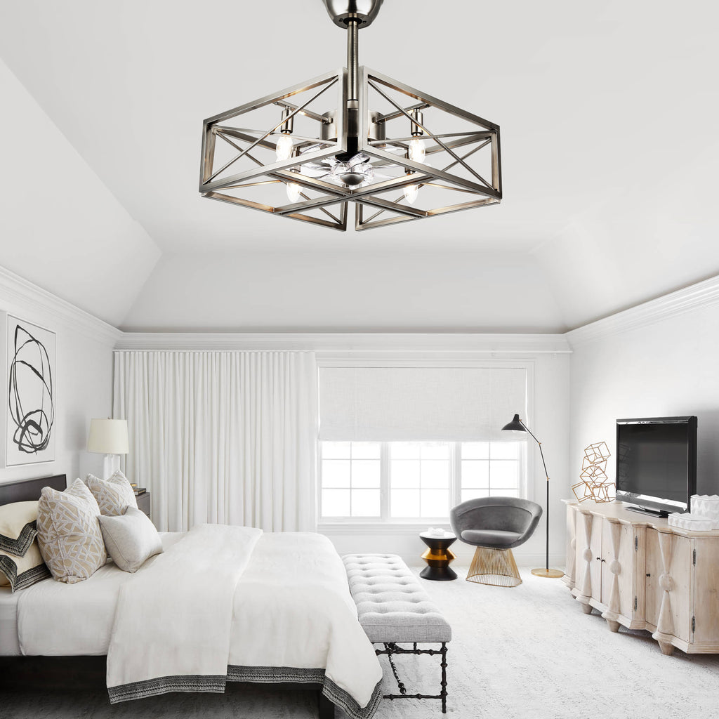 20 Inch Nickel Industrial Ceiling Fan with Remote Control, 3-Speed Reversible Bladeless Fandelier Ceiling Fan for Bedroom