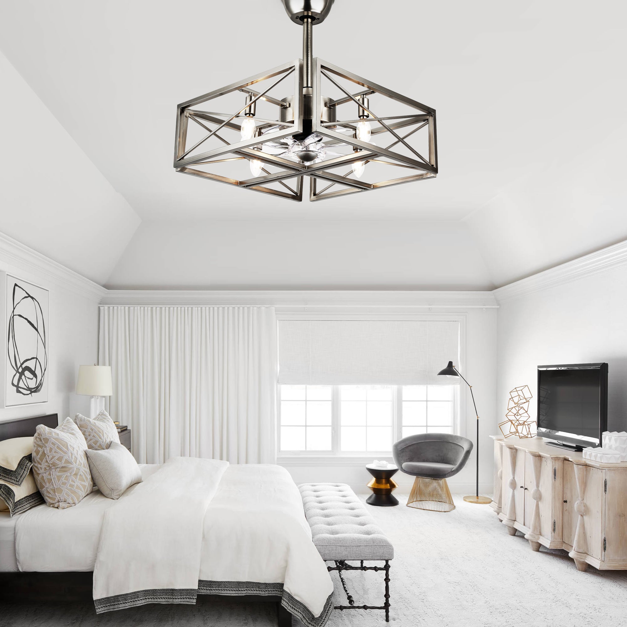 20 Inch Nickel Industrial Ceiling Fan with Remote Control, 3-Speed Reversible Bladeless Fandelier Ceiling Fan for Bedroom