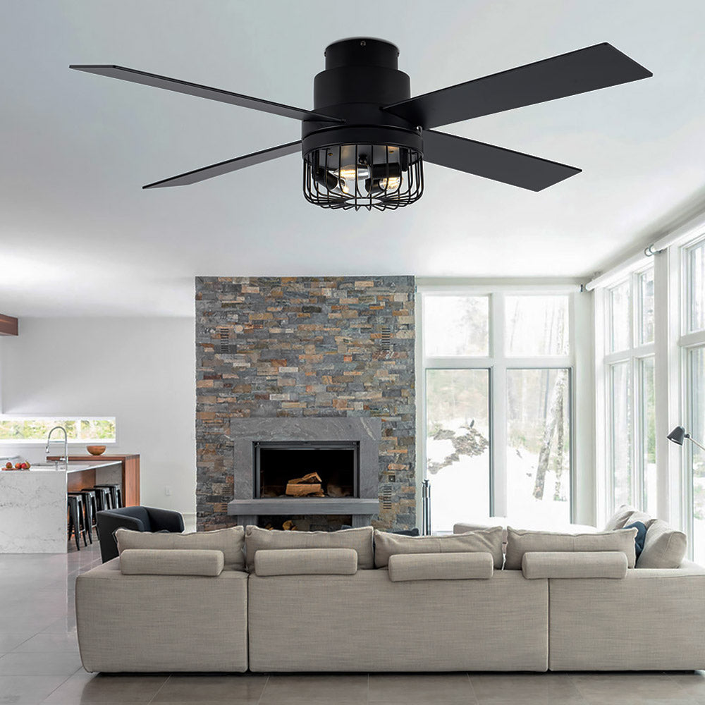 BD2065-BellaDepot 52" Retro Black Finish Low Profile Flush Mounted Ceiling Fan with Lights and Remote, DC Motor 6 Speeds Ceiling Fan for All Seasons