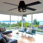 BD2065-BellaDepot 52" Retro Black Finish Low Profile Flush Mounted Ceiling Fan with Lights and Remote, DC Motor 6 Speeds Ceiling Fan for All Seasons