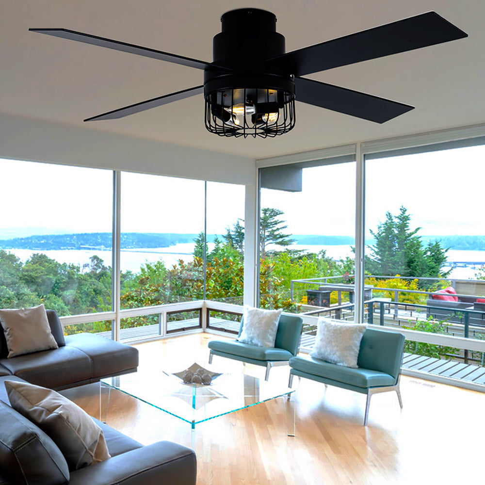 BD2065-BellaDepot 52" Retro Black Finish Low Profile Flush Mounted Ceiling Fan with Lights and Remote, DC Motor 6 Speeds Ceiling Fan for All Seasons