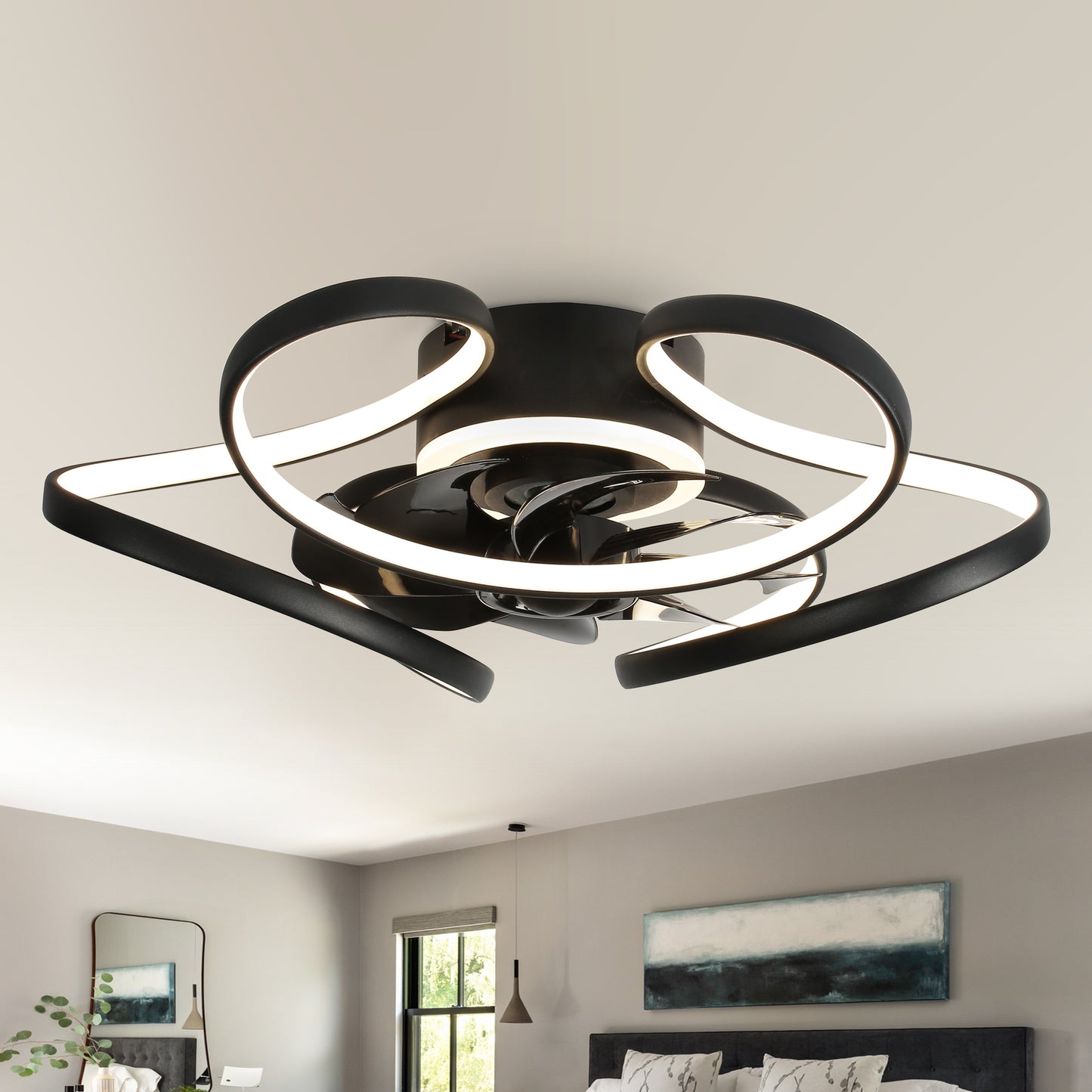 DC2203- 22" Black/Gold/Brown Low Profile Flush Mounted Ceiling Fan, with LED Light Kit Included and Remote