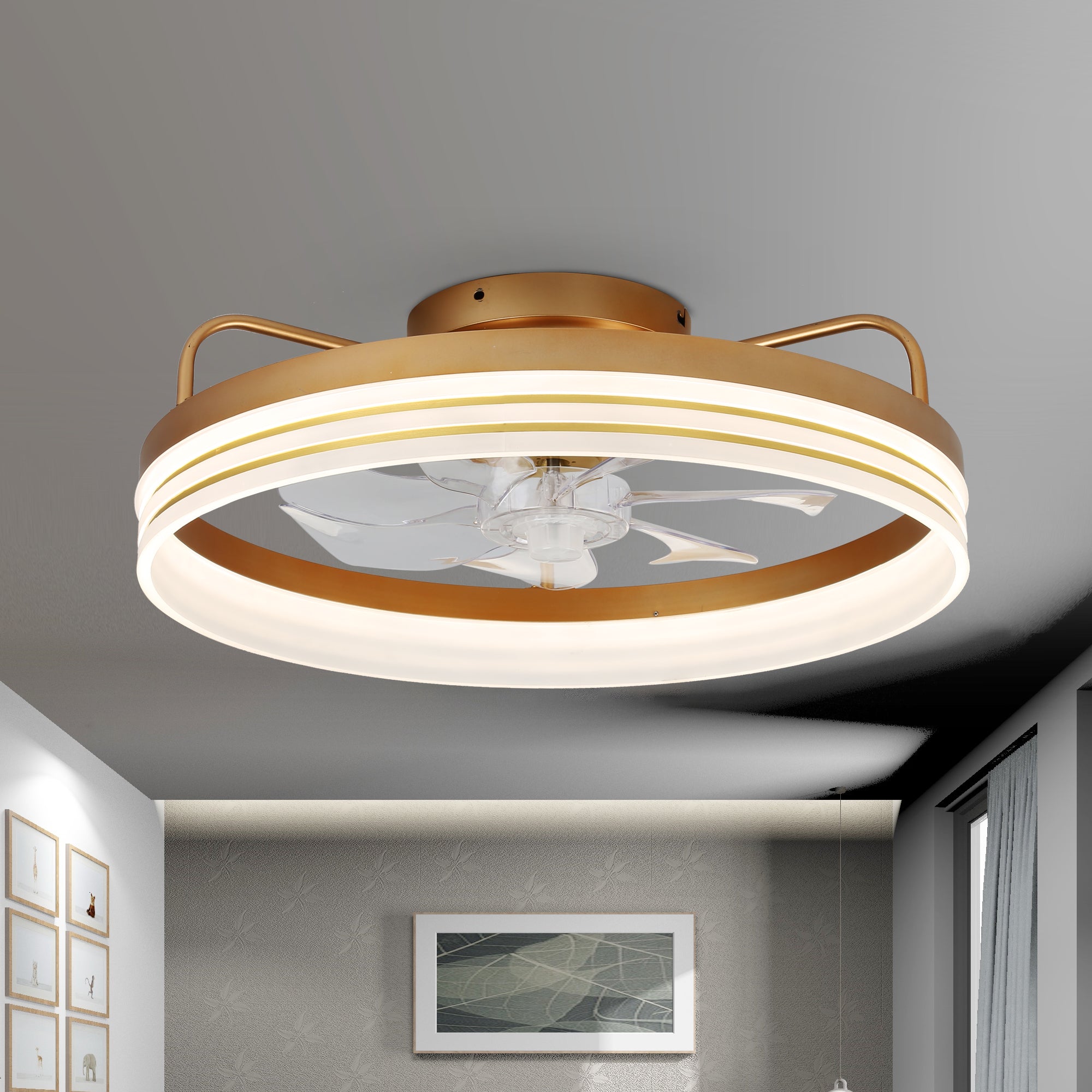 20 Inch Black/Gold/White Modern Flush Mount Ceiling Fan with Dimmable LED Light and Remote Control, 6 Speeds Bladeless Low Profile Ceiling Fan