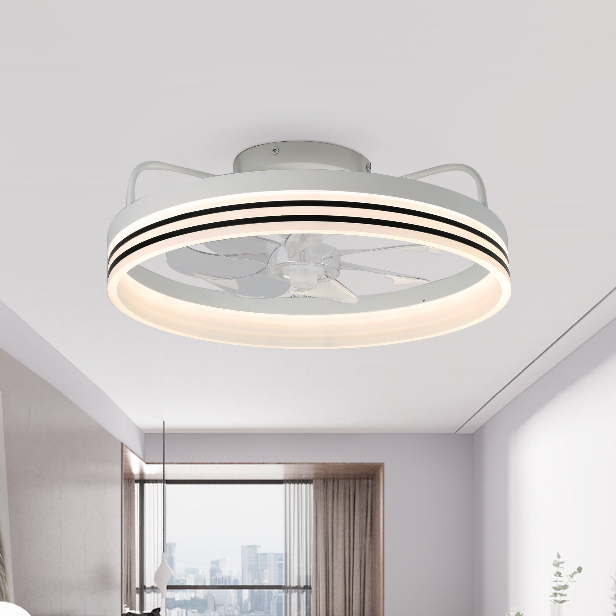 20 Inch Black/Gold/White Modern Flush Mount Ceiling Fan with Dimmable LED Light and Remote Control, 6 Speeds Bladeless Low Profile Ceiling Fan