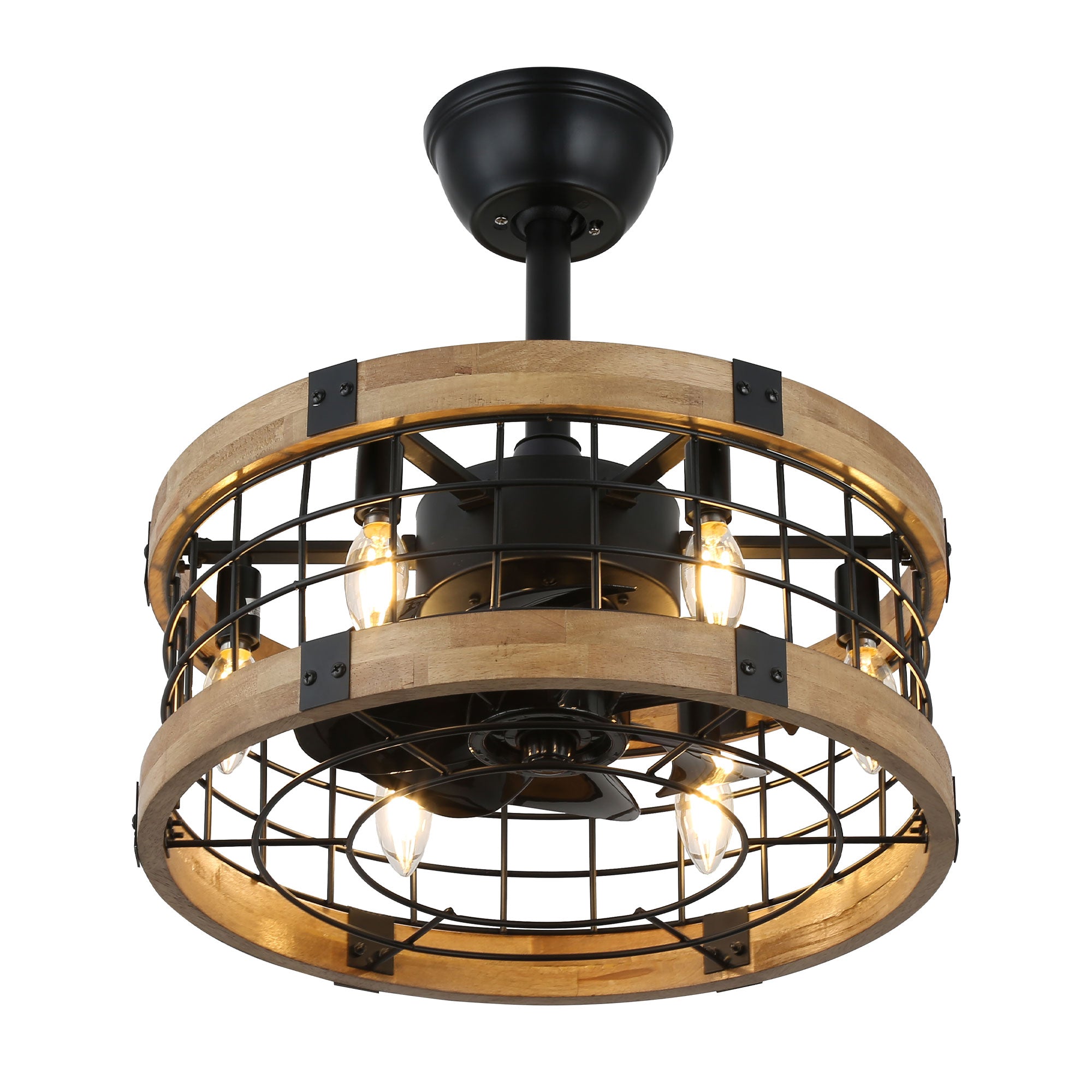 BD1812-BellaDepot 17.7" Cottage Metal Caged Reversible Ceiling Fan with Remote and 6 Lights, Wooden Ceiling Fan