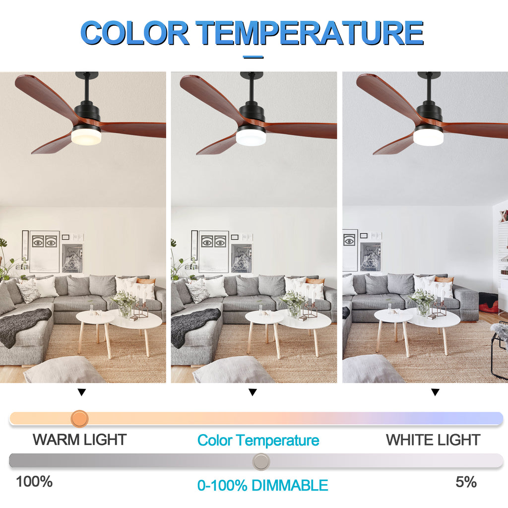52 Inch Modern Farmhouse 3 Wooden Blades Ceiling Fan with Dimmable LED Light and Remote, 6 Speeds DC Motor Reversible Ceiling Fan for Living Room
