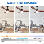 52 Inch Modern Farmhouse 3 Wooden Blades Ceiling Fan with Dimmable LED Light and Remote, 6 Speeds DC Motor Reversible Ceiling Fan for Living Room