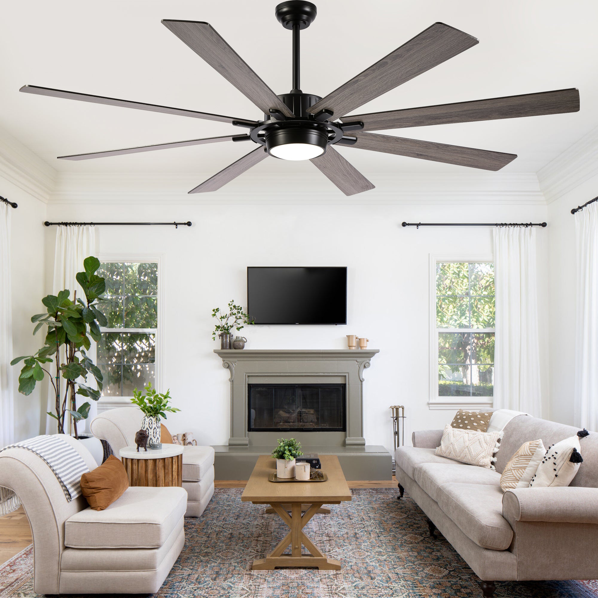 72 Inch 8-Blade Black Farmhouse Extra Large Ceiling Fan with LED Light and Remote, 6 Speeds DC Motor Reversible Ceiling Fan for Large Room