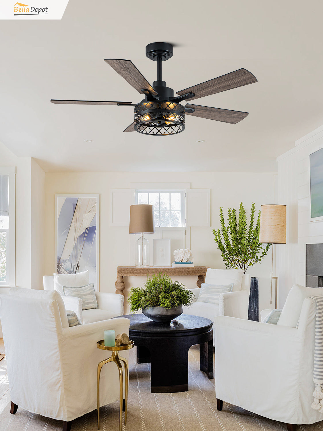 Farmhouse 46 Inch Metal Caged Ceiling Fan with Light Quiet Reversible DC Motor with  Remote Control Ceiling Fan Modern Wood Blades Ceiling Fan with Light Suit for Living room, Bedroom, Kitchen