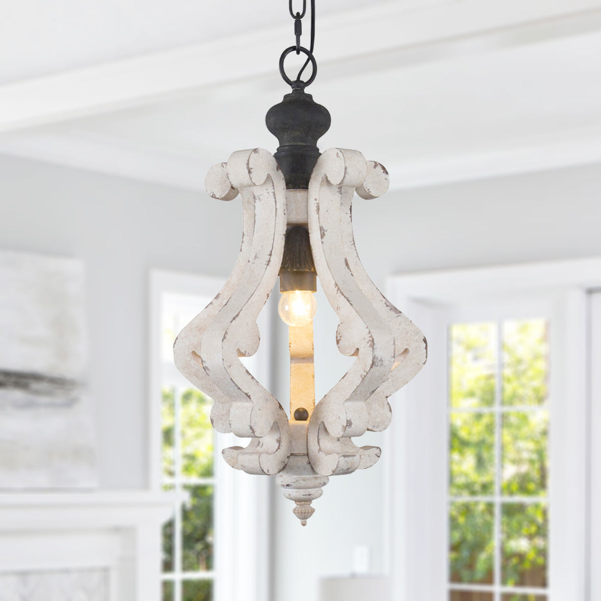 FC4001-Distressed Wood/Distressed White/White Vintage Distressed Wooden Chandelier, with Chain and Lights, for Home Entrance Door Bedroom Dining Room, 1 Light