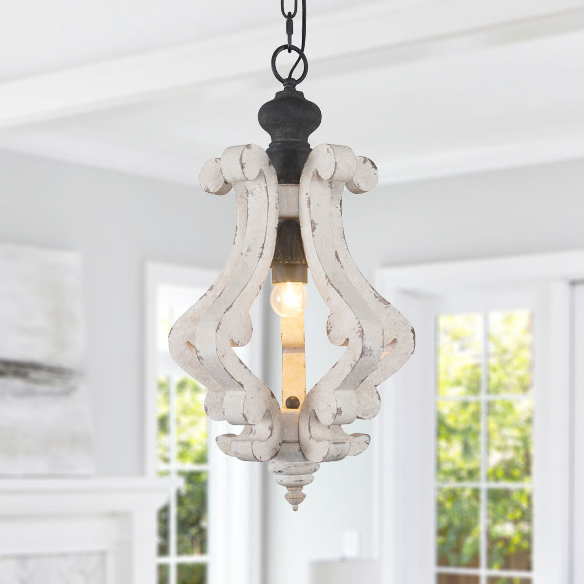 FC4001-BellaDepot 1 Light Distressed Wood/Distressed White/White Vintage Style Distressed Wood Chandelier with Adjustable Chain