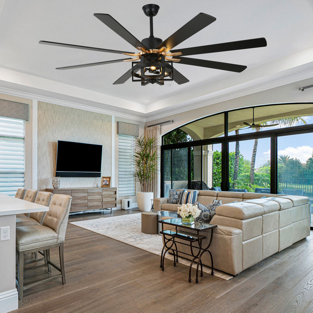 DC6501-BellaDepot 65" 8 Wooden Blades Black/Silver Finish Industrial Caged Reversible Ceiling Fan with Remote and 3 Lights, Large Size 6-speed Ceiling Fan
