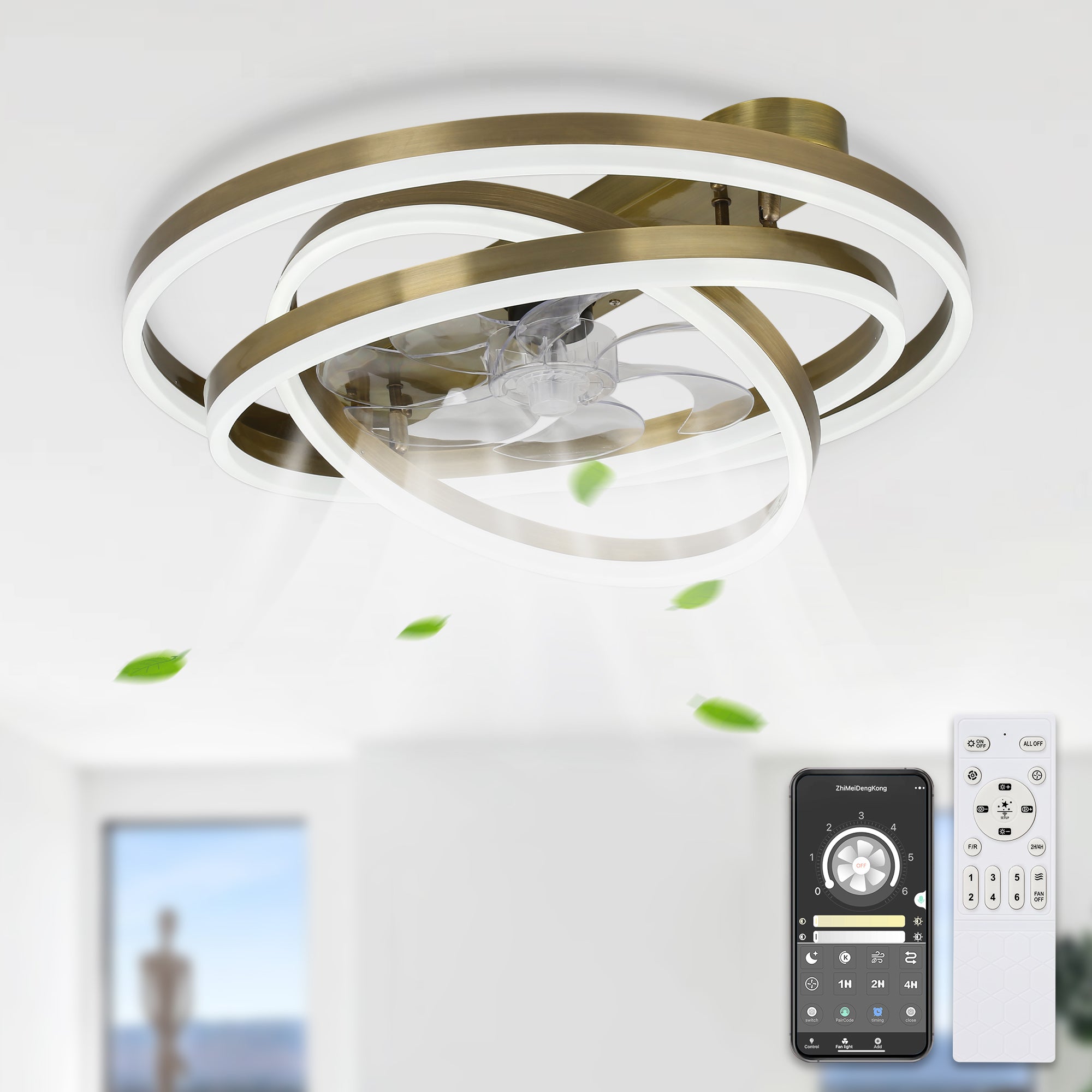 24 Inch Modern Smart Flush Mount LED Ceiling Fan with Light and Remote, 6 Speeds DC Motor Bladeless Low Profile Ceiling Fan