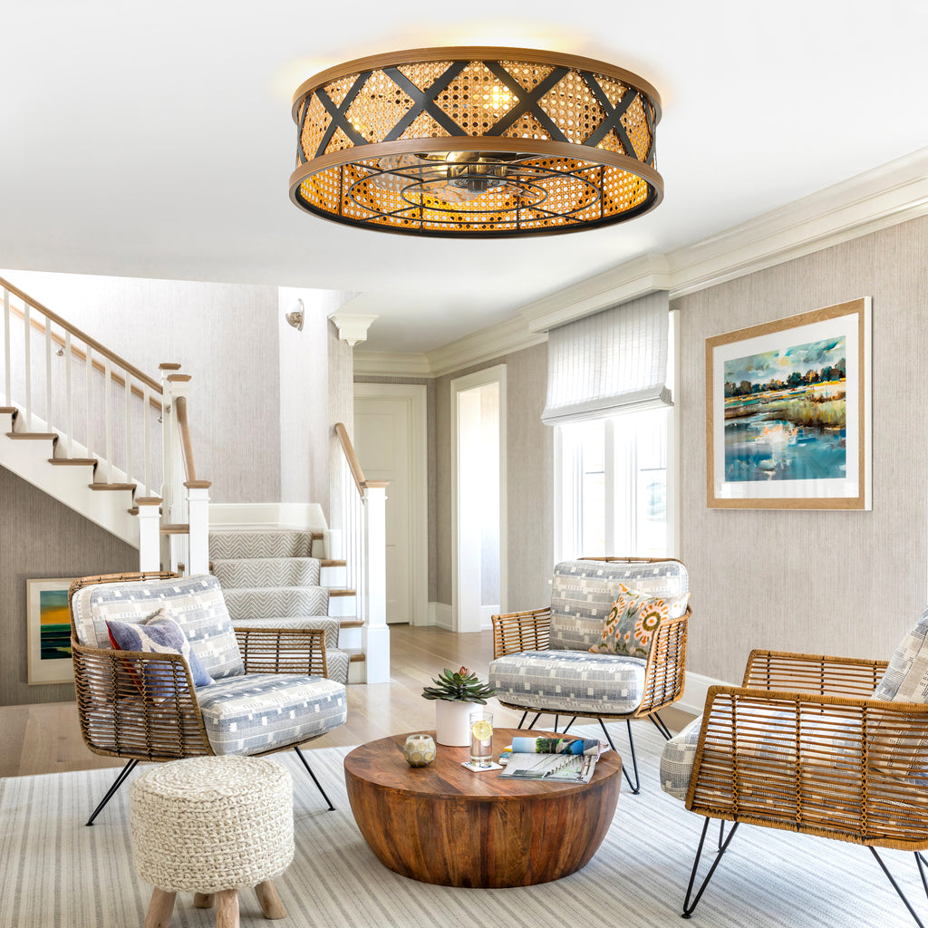 23 Inch Bohemian Rattan Flush Mount Ceiling Fan with Lights and Remote, 6 Speeds DC Motor Farmhouse Low Profile Bladeless Ceiling Fan