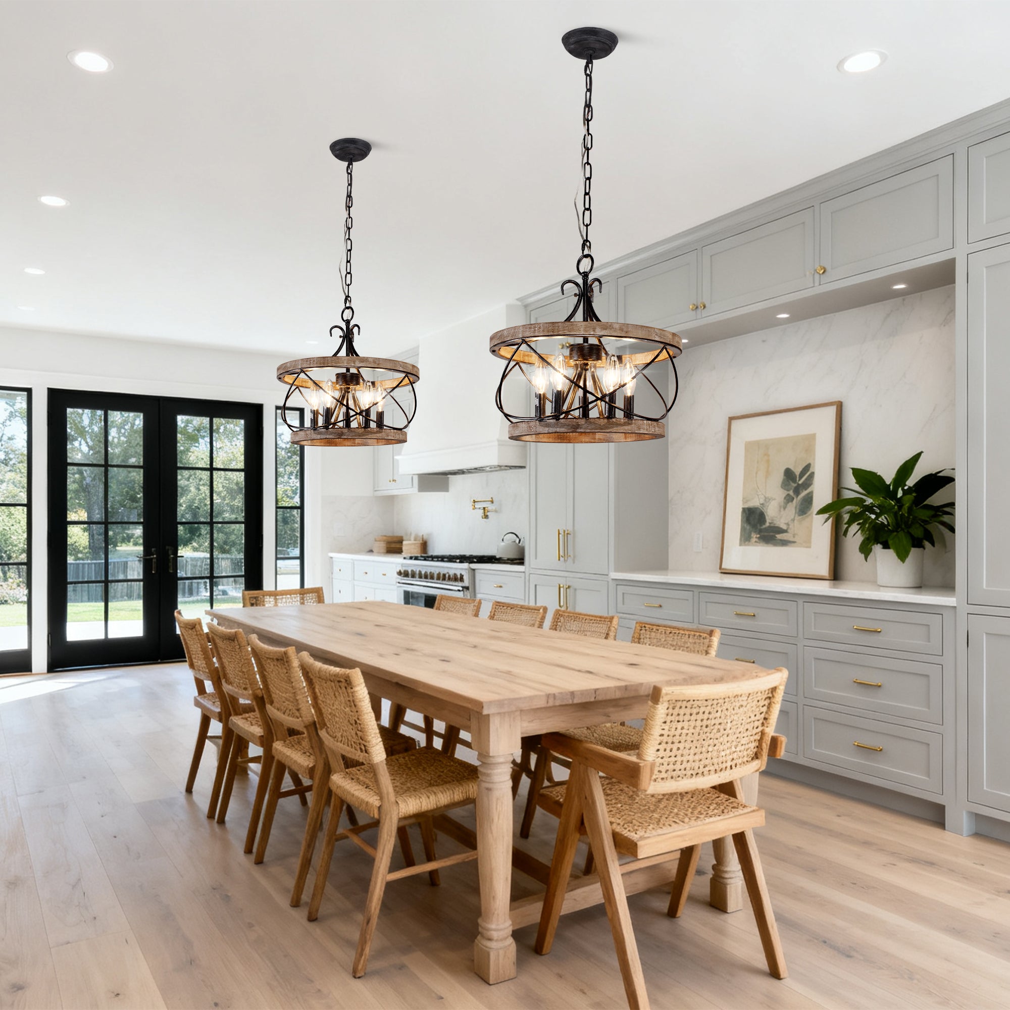 5 - Lights 15.7" Distressed Wood/White Mid-Century Caged Chandelier, Adjustable Chain Pendant Light Rustic Drum Chandelier