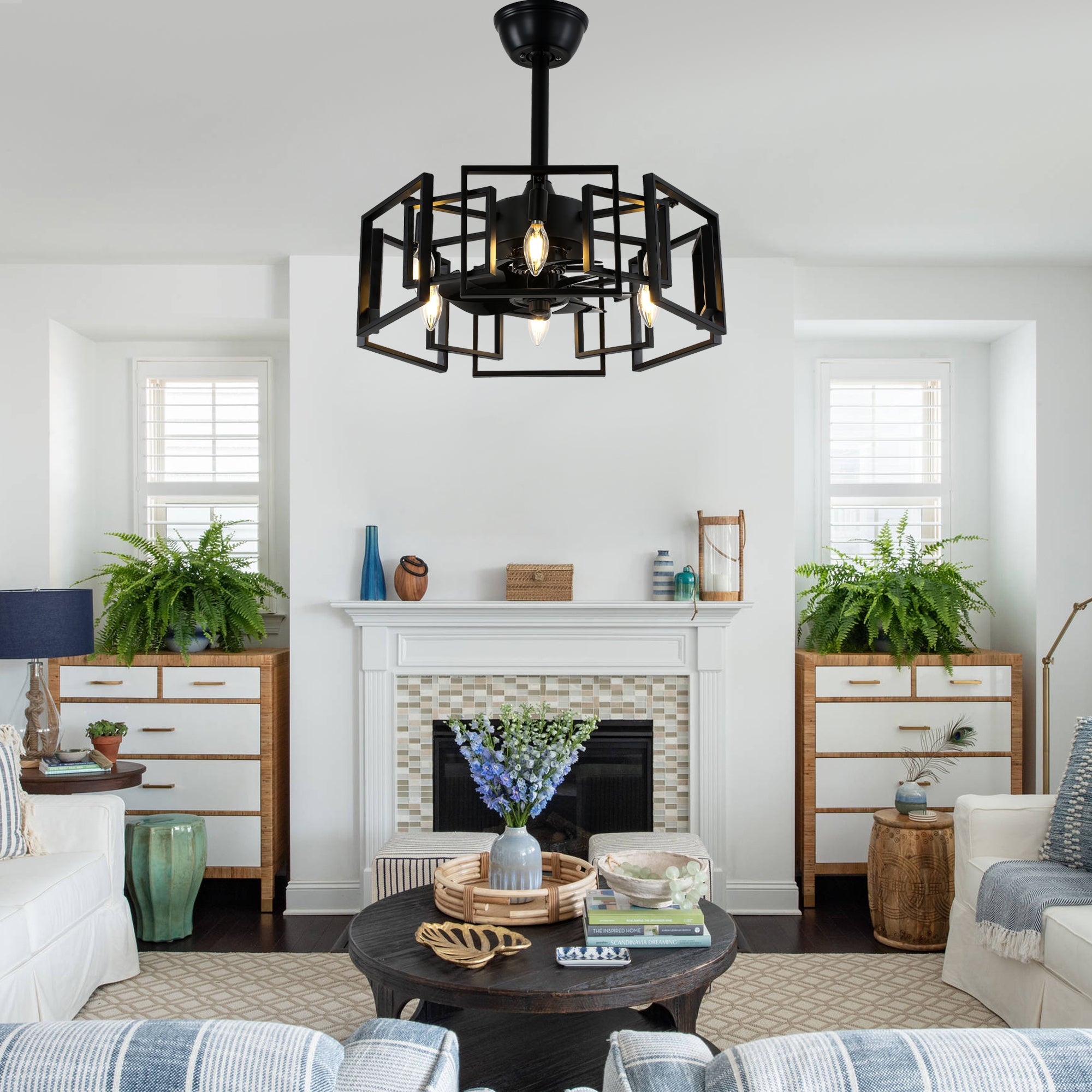 DC2032-BellaDepot 20.6" Industrial Reversible Ceiling Fan with Remote and 6 Lights, DC Motor 6 Speeds Ceiling Fan