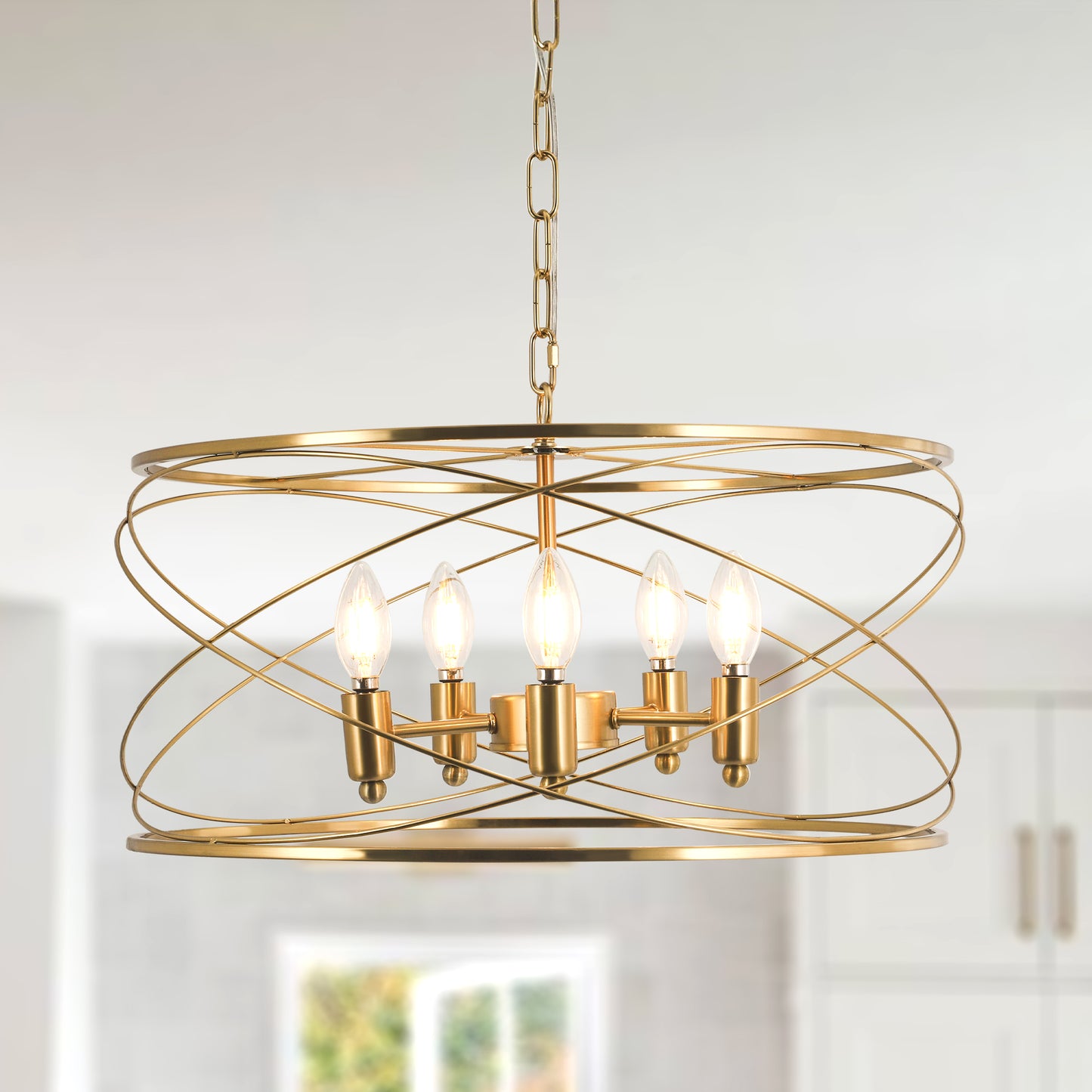 FC4089-Golden Modern Urban Linear Metal Caged Chandelier, Geometric Pendant Light, with Light Kit and Adjustable Chain