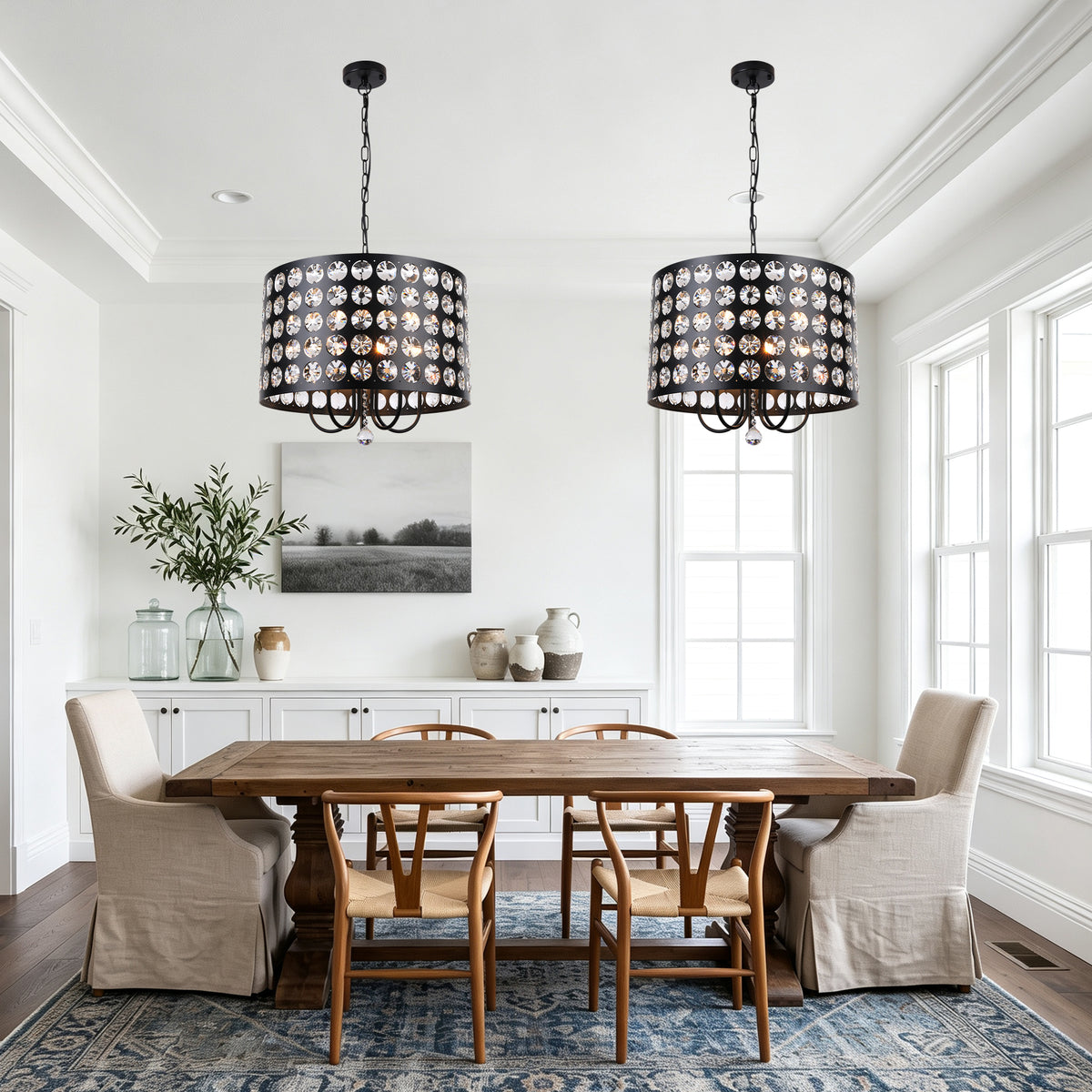 Crystal 20 Inch Metal Caged Chain Chandelier Luxurious  Modern with 5 Light Bulbs Chandelier Adjustable Chain Pendant Light Suit for Bedrooms, Kitchens, Dining Room