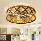 23 Inch Bohemian Rattan Flush Mount Ceiling Fan with Lights and Remote, 6 Speeds DC Motor Farmhouse Low Profile Bladeless Ceiling Fan