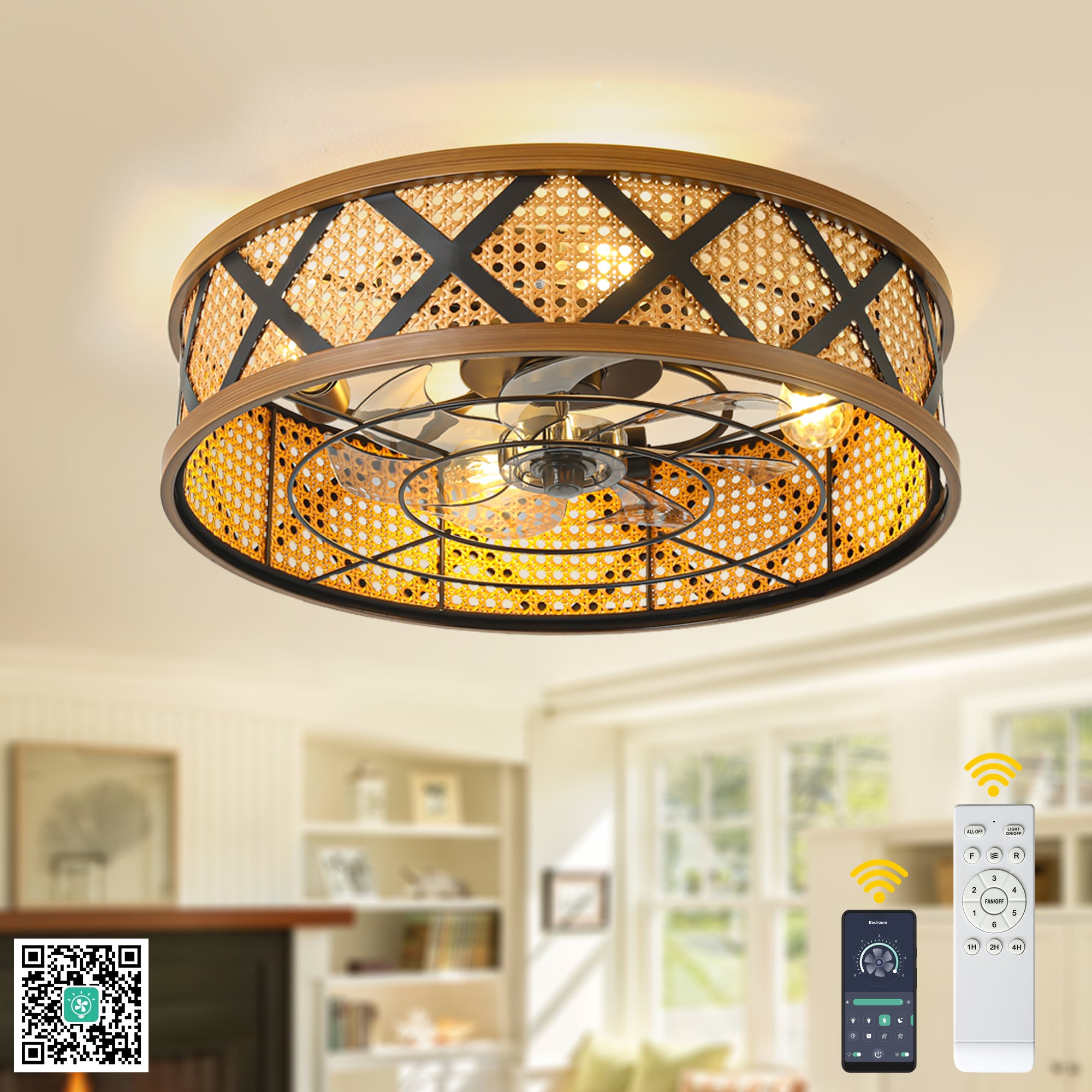 23 Inch Bohemian Rattan Flush Mount Ceiling Fan with Lights and Remote, 6 Speeds DC Motor Farmhouse Low Profile Bladeless Ceiling Fan