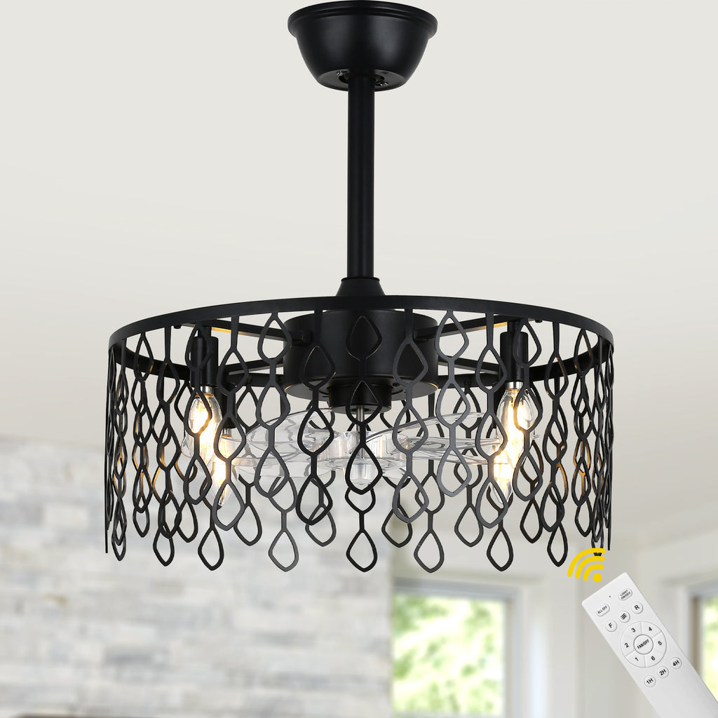 19 Inch Modern Black Drum Caged Ceiling Fan with Lights and Remote, 6 Speeds DC Motor Reversible Bladeless Fandelier Ceiling Fan