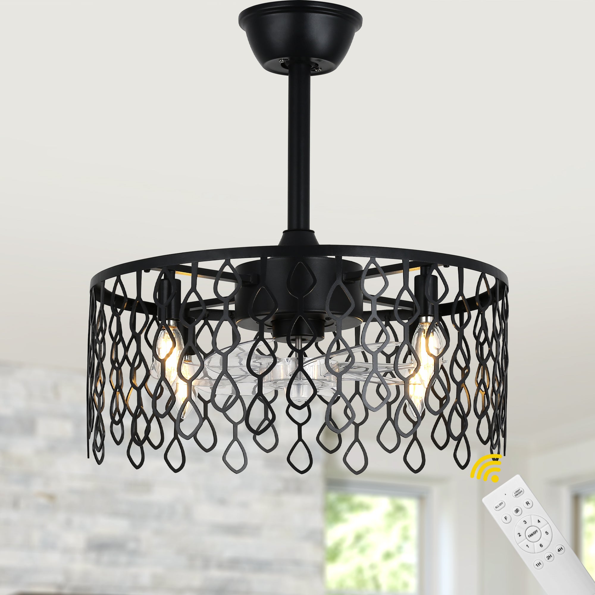 19 Inch Modern Black Drum Caged Ceiling Fan with Lights and Remote, 6 Speeds DC Motor Reversible Bladeless Fandelier Ceiling Fan