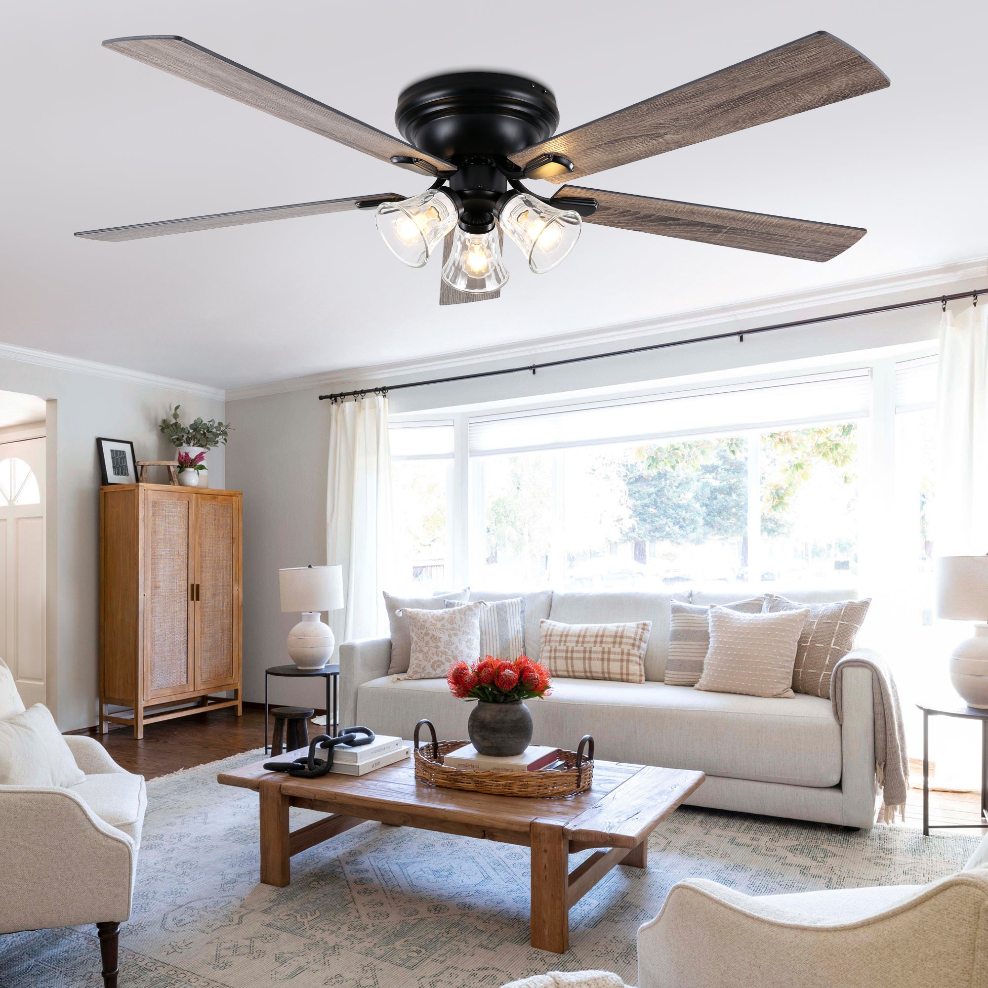 52/60 Inch Black Farmhouse Flush Mount Ceiling Fan with Lights and Remote Control, 6 Speeds DC Motor Low Profile Ceiling Fan with Glass Shade